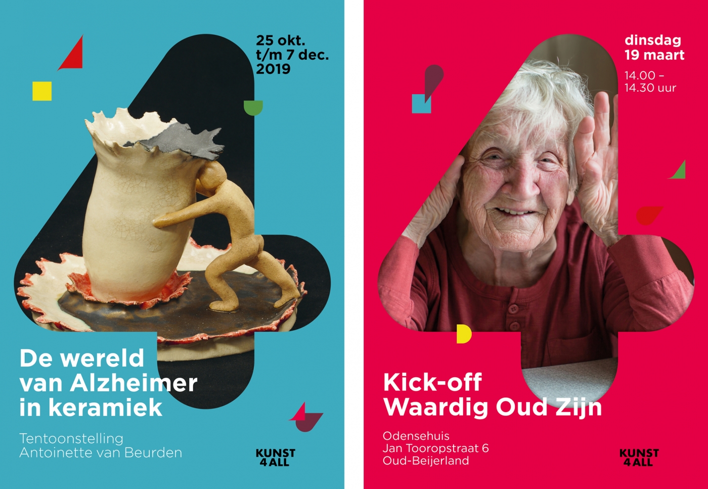 flyers voor Kunst4all. Alzheimer in keramiek en Waardig Oud zijn.