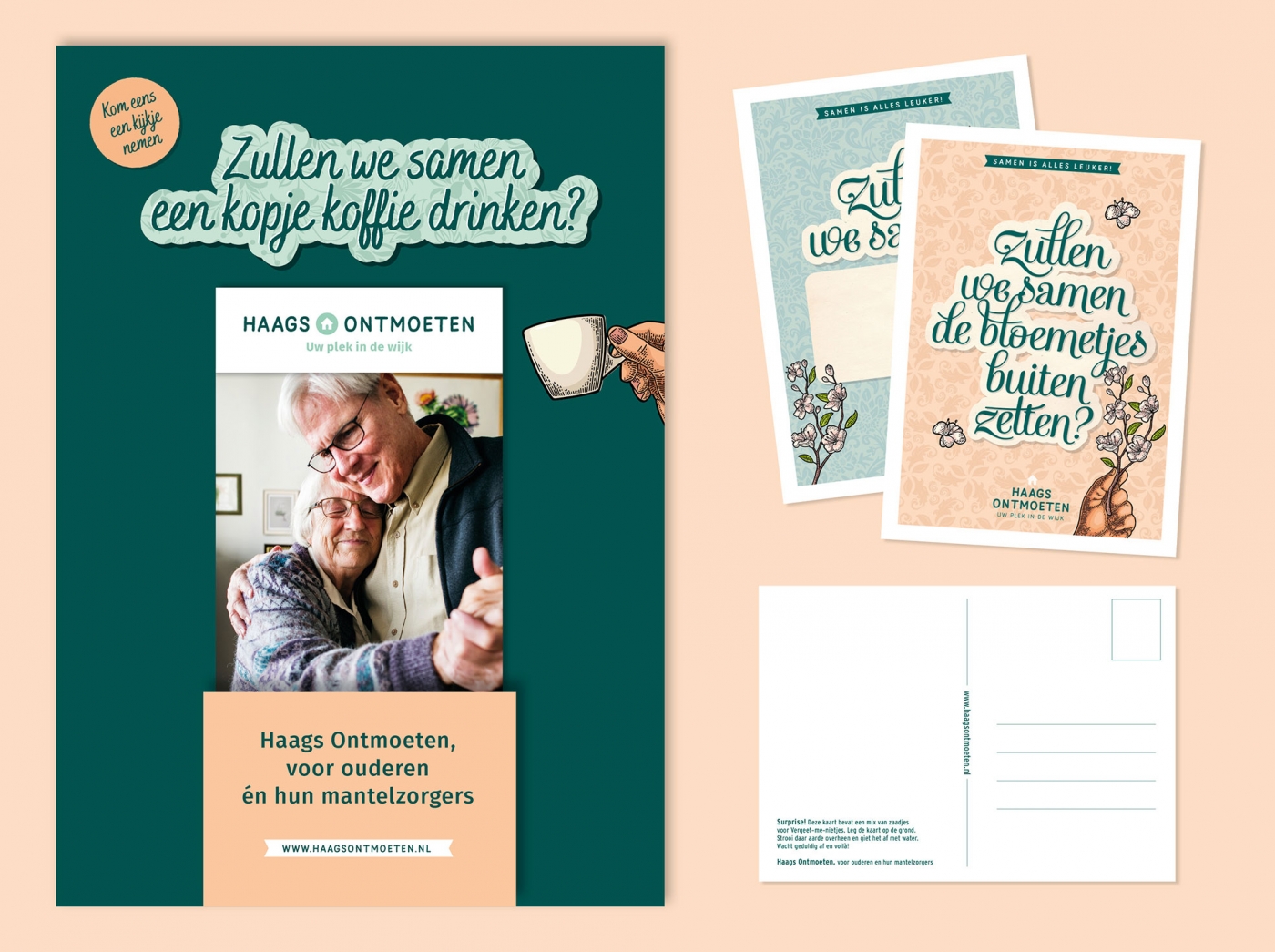 Folderbakje, brochure en twee ansichtkaarten voor Haags Ontmoeten
